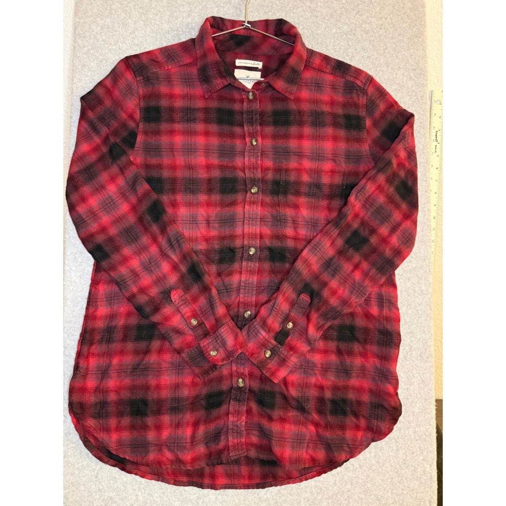 American Eagle Seriously Soft Flannel Shirt Red Black Plaid Button Down Medium
